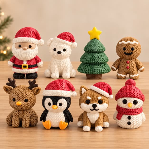 Kit 8 Enfeites de Natal Estilo Crochê Amigurumi para Decoração de Natal