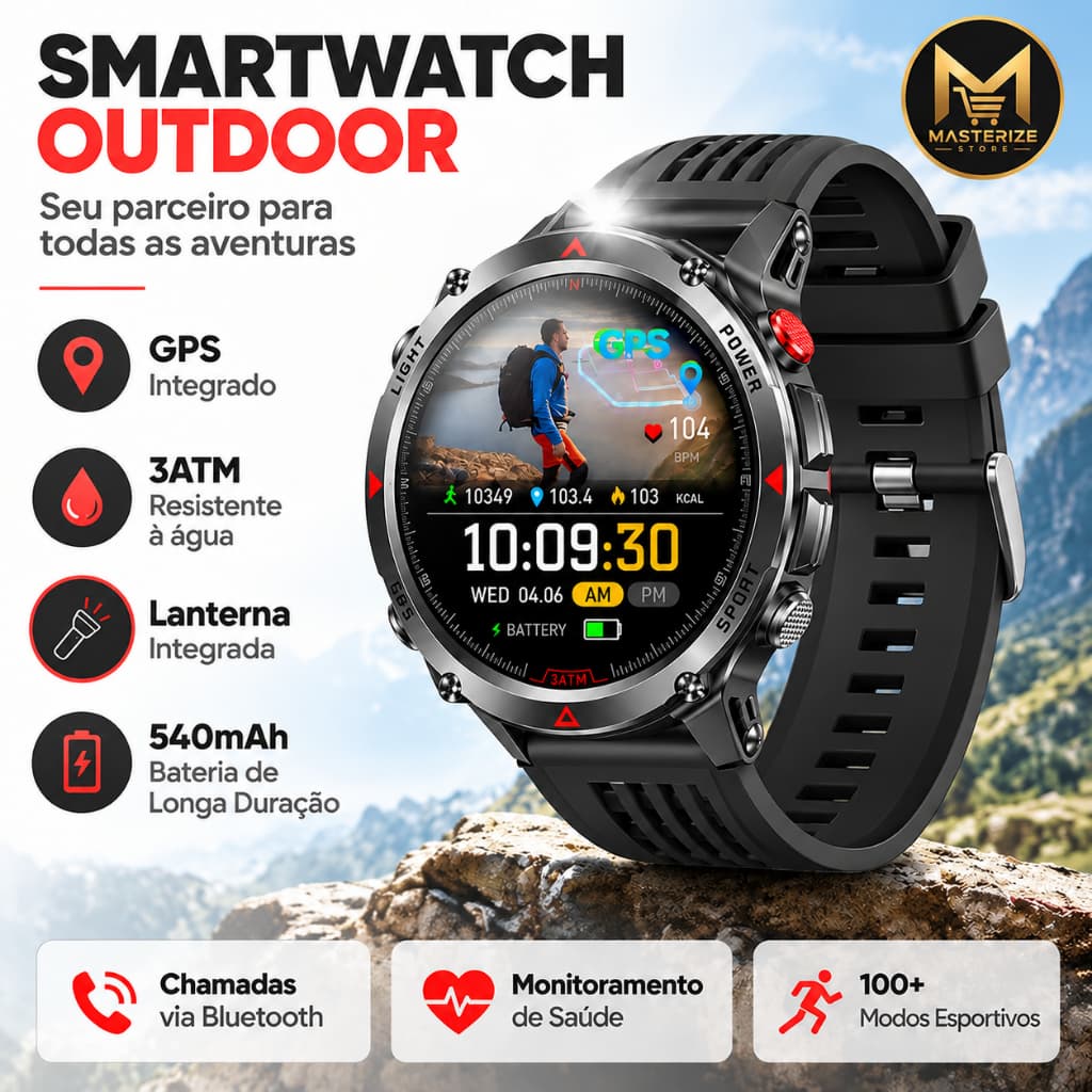 Relógio Inteligente Esportivo 1.43" GPS Integrado Bluetooth Bateria 540mAh Lanterna 3ATM À Prova D'Água Smartwatch