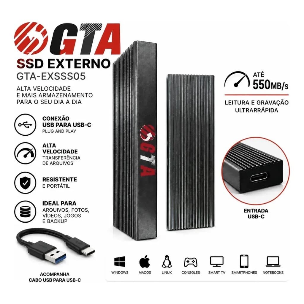 SSD Externo M2 NVMe 512GB USB Tipo C Alta Velocidade e Portabilidade Para PC Mac Celular
