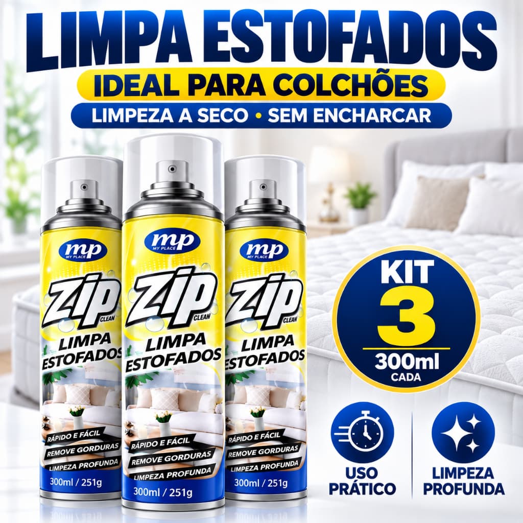 Limpa Colchão Zip Clean Kit 3 Frascos 300ml Espuma Seca Higienizador Sofá Carro Tapete Manchas