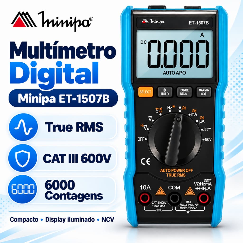 Multímetro Digital Profissional Minipa ET-1507B True RMS 6000 Contagens CAT III 600V NCV
