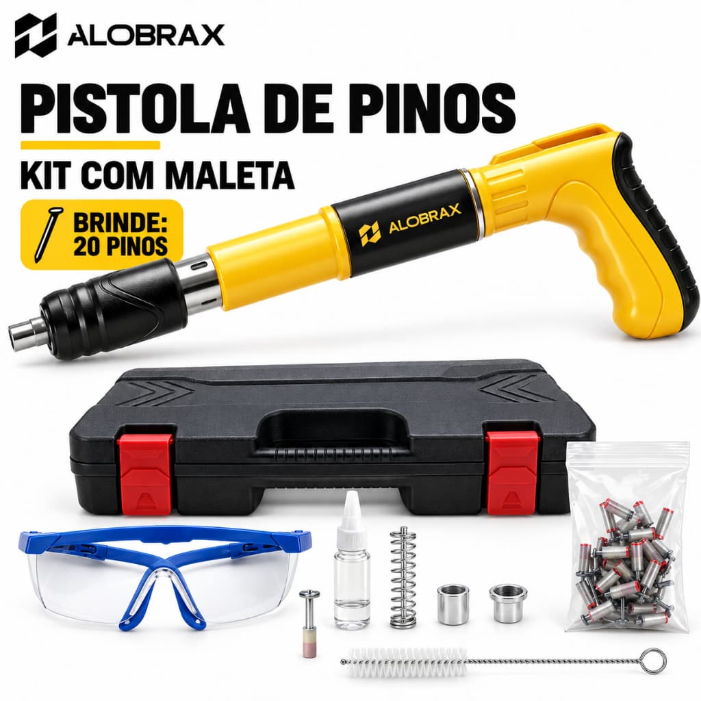 Pistola de Pinos Profissional Alobrax Kit Completo com Maleta + 20 PREGOS Fixação Rápida para Madeira e Construção