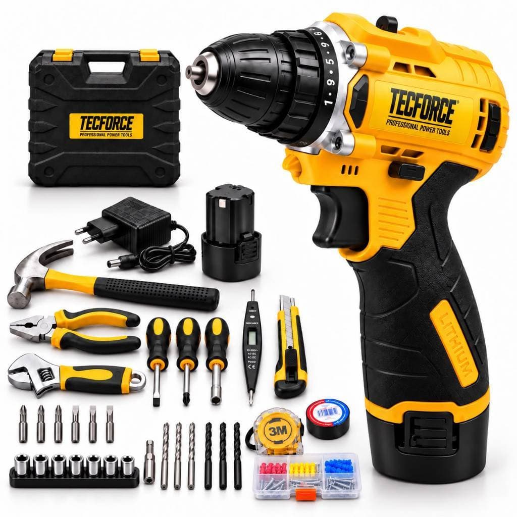 Parafusadeira Furadeira Sem Fio TecForce 12V com 2 Baterias, Maleta e Kit de Ferramentas