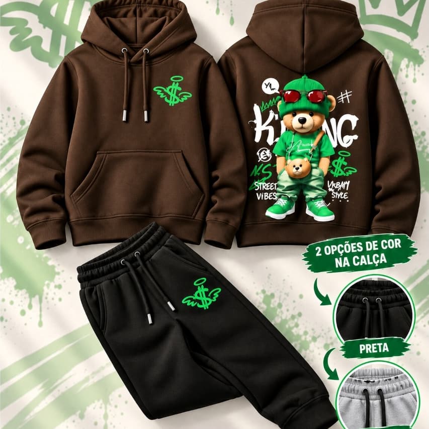 Conjunto kit Calça Blusa casaco Moletom Masculino Quentinho Canguru flanelado criança