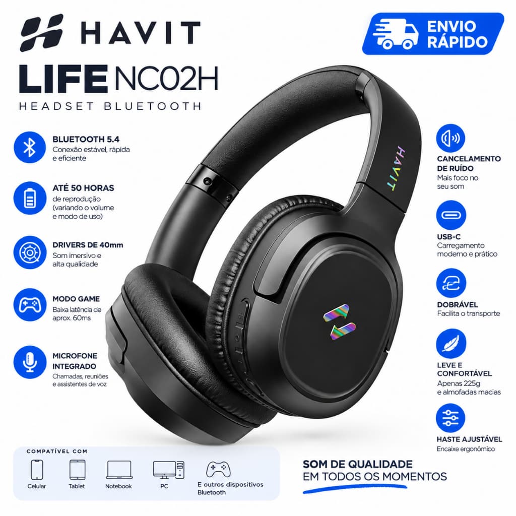 Fone Headset Bluetooth Havit Life NC02H – Bluetooth 5.4, 50h de Bateria, Driver 40mm, Modo Game e Cancelamento de Ruído