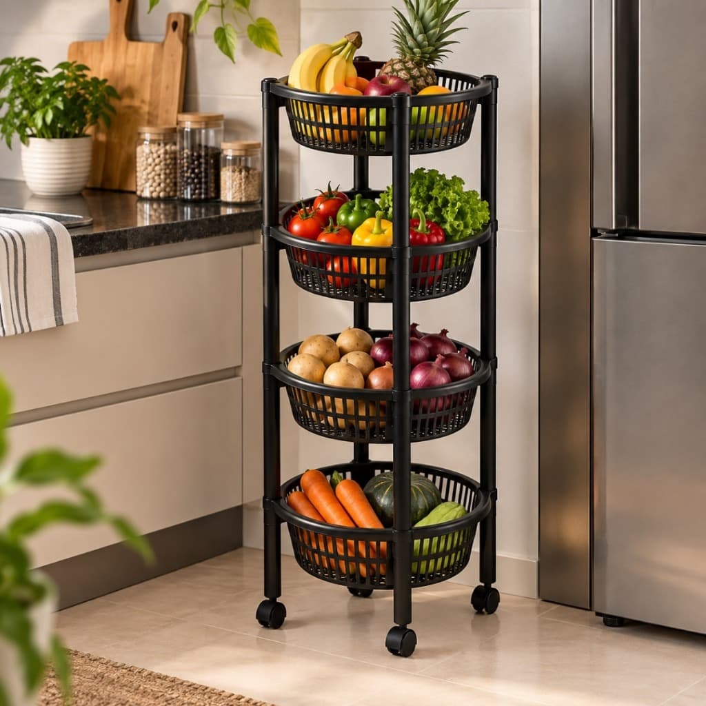 Fruteira de Chão 4 Andares com Rodinhas Cesto Organizador Plástico Preto Multiuso Cozinha Frutas Legumes Lavanderia