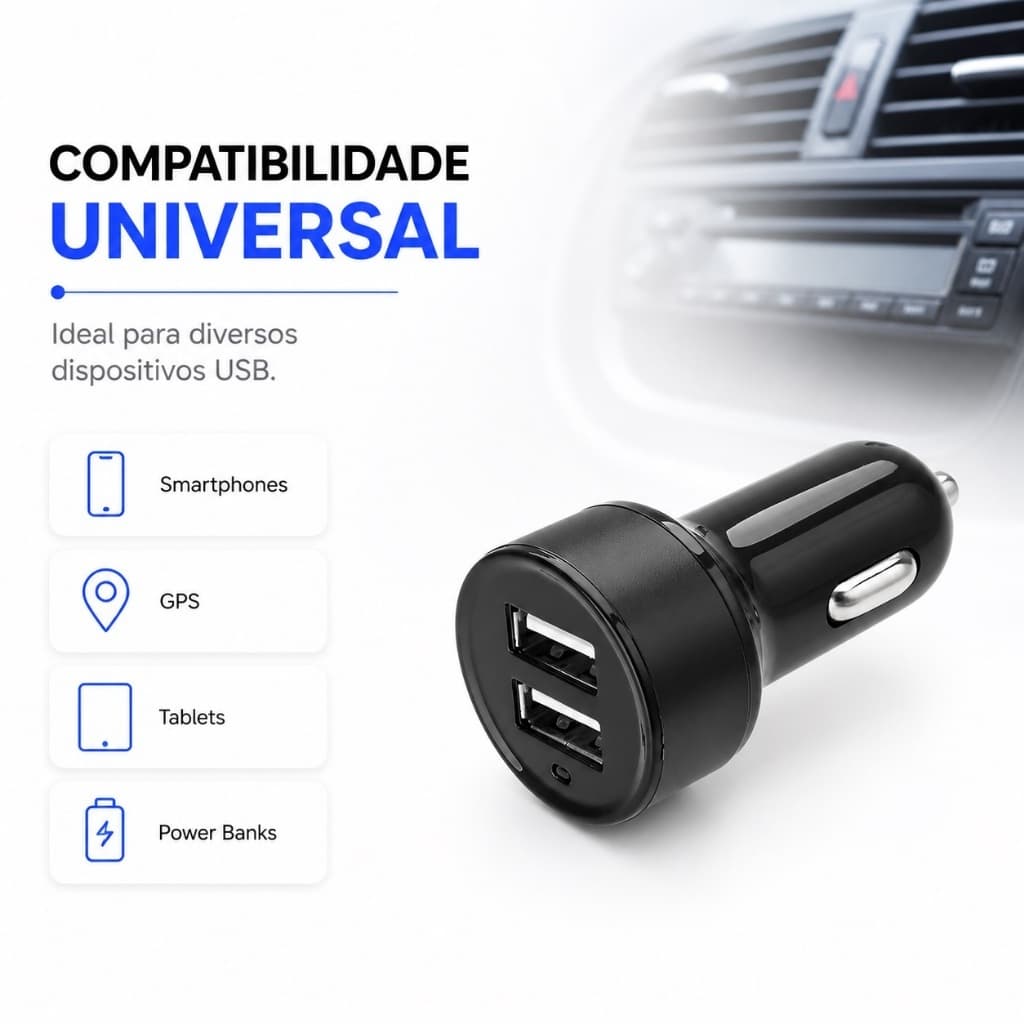 Carregador veicular ac 12v + 2 femeas usb 3.1 a