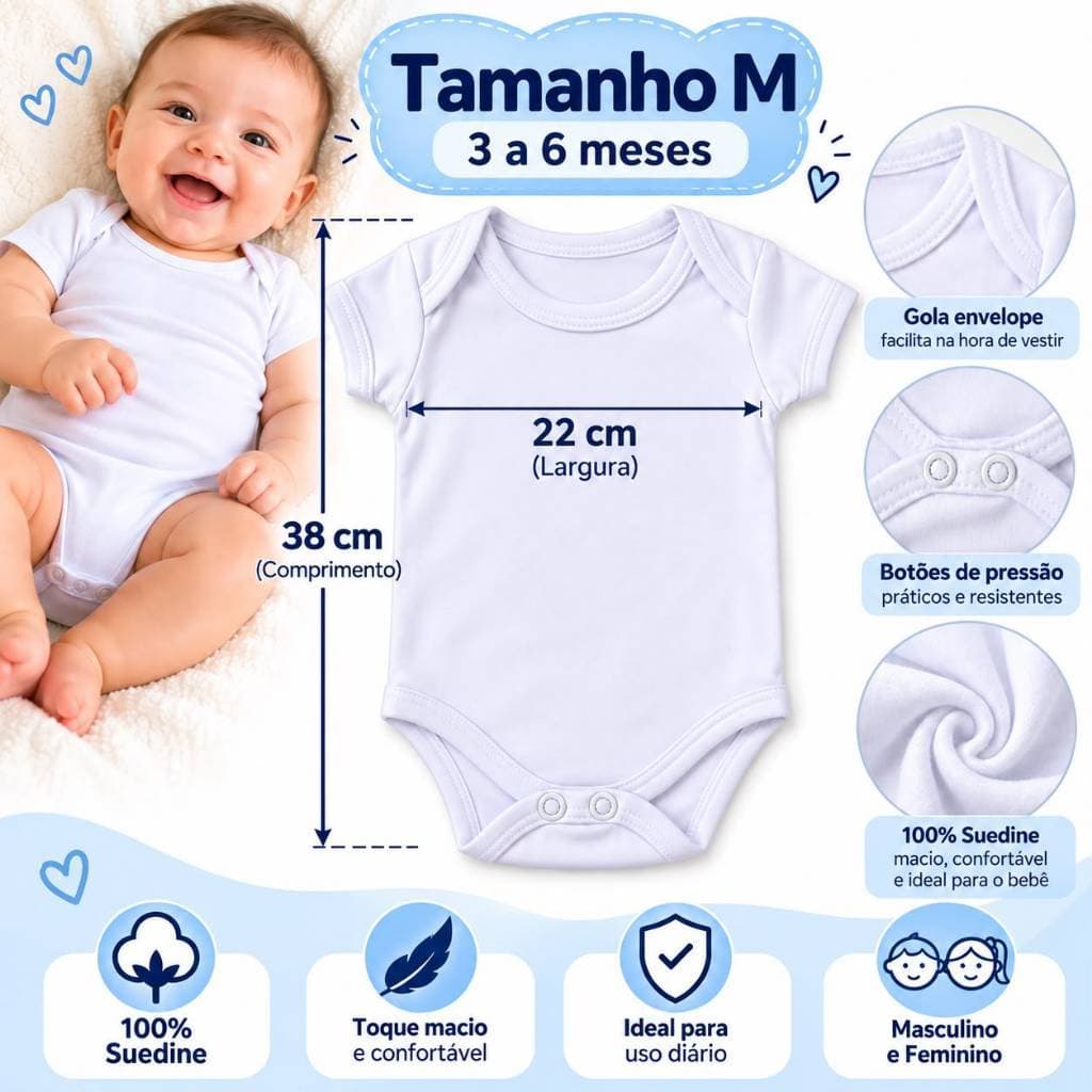 Kit 3 Bodys Bebê 100% Suedine Branco Masculino Feminino Manga Curta M 3 a 6 Meses Enxoval Infantil