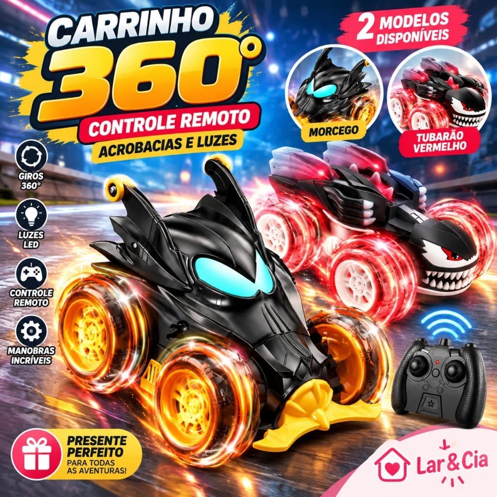Carrinho de Controle Remoto 360° Acrobático Infantil Luzes LED Morcego Tubarão | dia das crianças