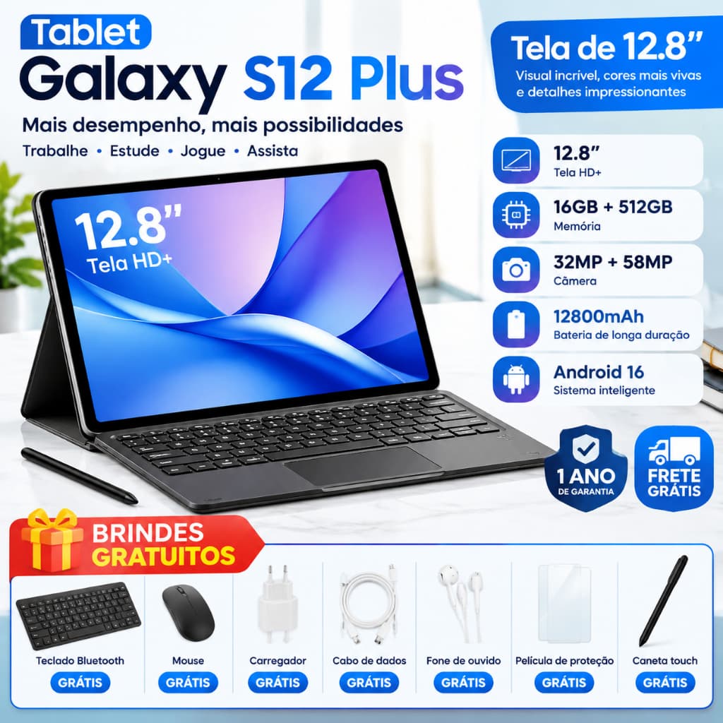 Tablet Galaxy S12 Plus 12,8" 16GB + 512GB Android 16 Câmera 58MP Bateria 12800mAh com Teclado e Caneta Snapdragon 888