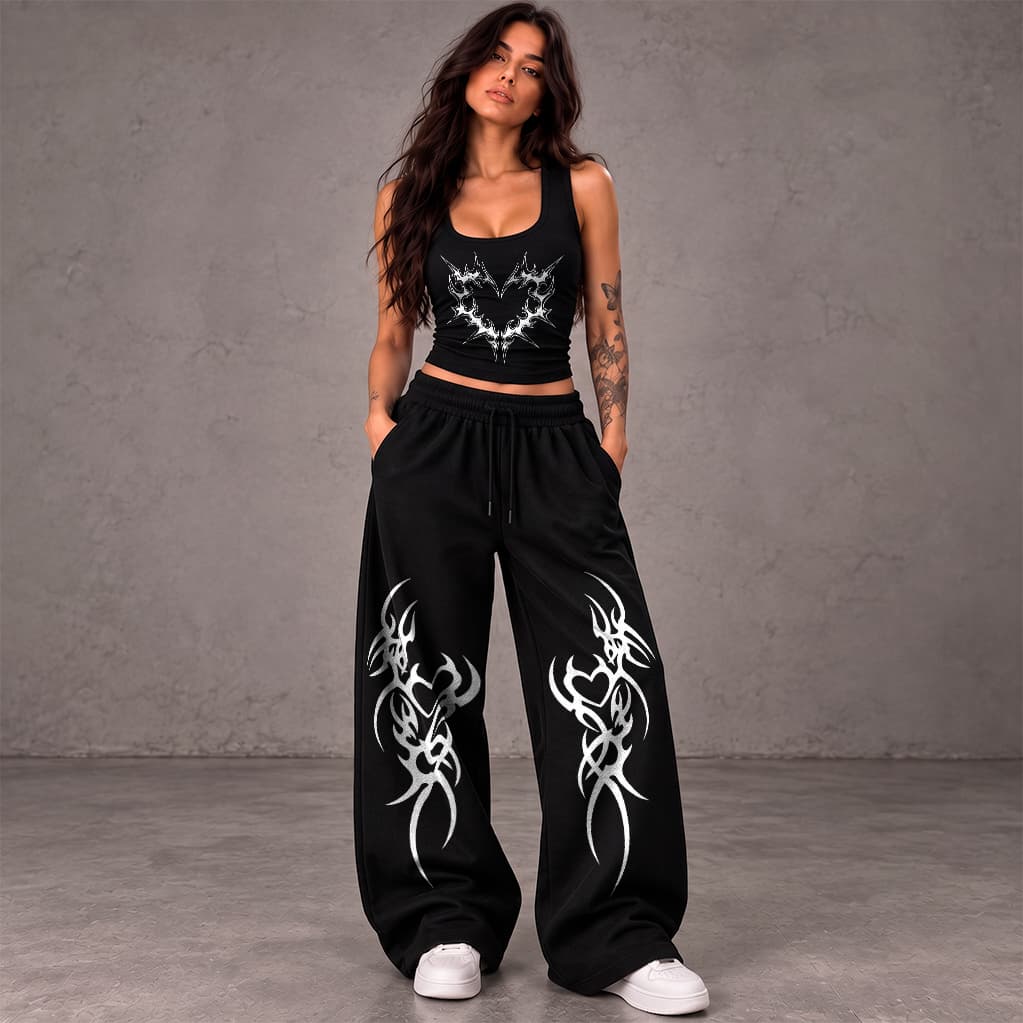 Kit Conjunto Feminino Regata Suplex e Calça Wide Leg Moletom Coração Cyber Tribal Y2k Streetwear