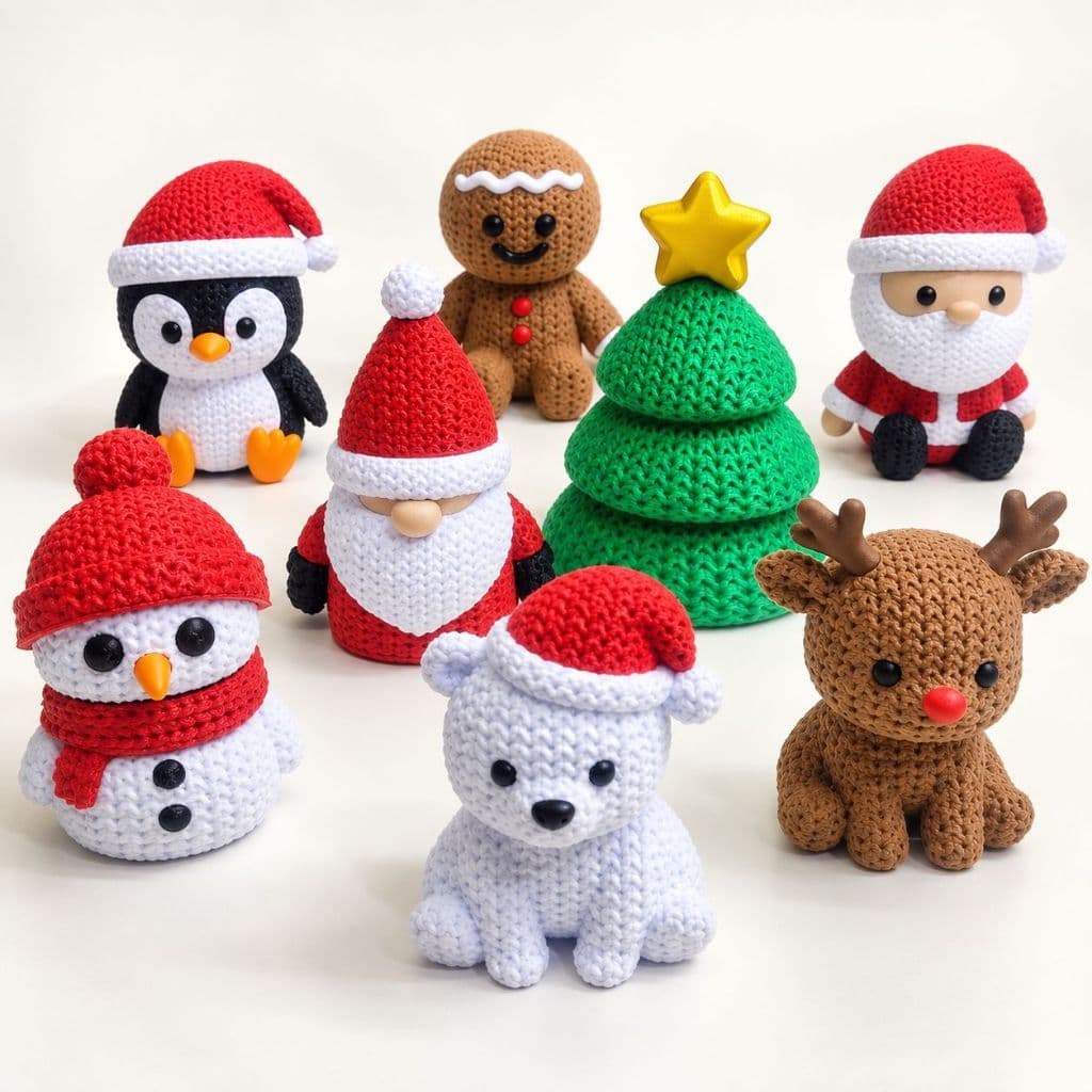 Kit 8 Bonecos Natalinos Decoração 3D Imita Amigurumi - Tricô - Crochê