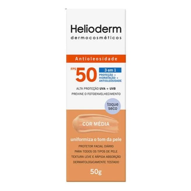 Protetor Solar Facial Helioderm Dermocosméticos FPS 50 Antioleosidade Toque Seco Cor Média 50g