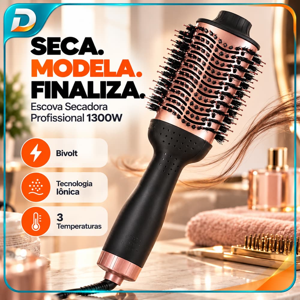 Escova Secadora de Cabelo Profissional Bivolt 1300W Preta Rosa Startools