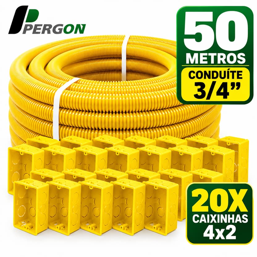 Kit Conduíte Corrugado Reforçado 3/4 50m + 20 Caixas de Luz 4x2 Amarelas Pergon