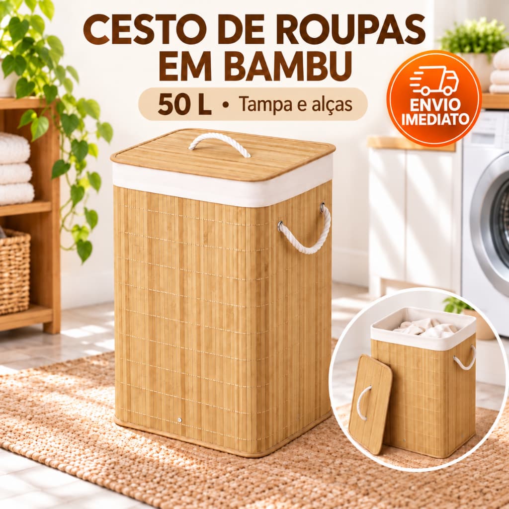 Cesto de Roupa Suja de Bambu 50L com Tampa e Alças Organizador Dobrável Retangular Lavanderia Banheiro Quarto Multiuso