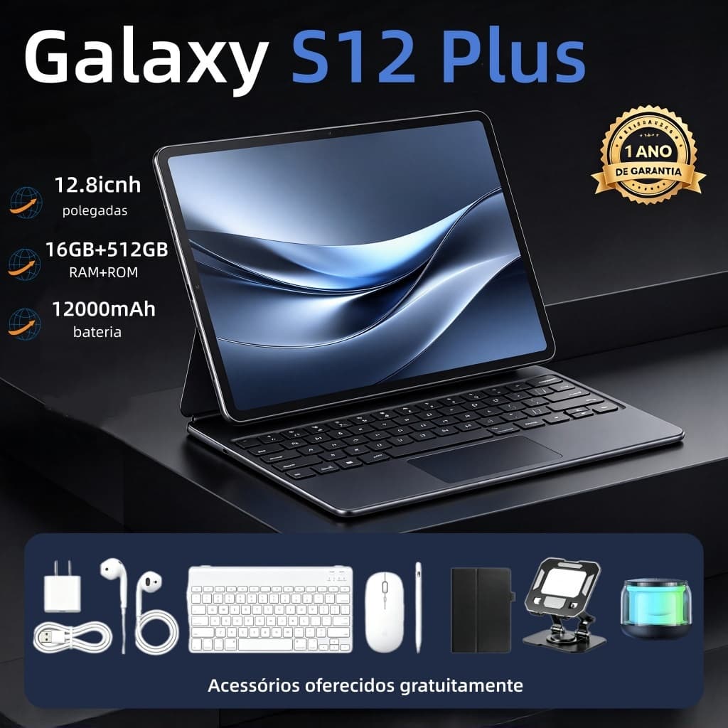 Tablet Galaxy S12 Plus, 12,8 polegadas, HD, 12.000 mAh, Android 15, 16 GB + 512 GB de memória, garantia de 1 ano