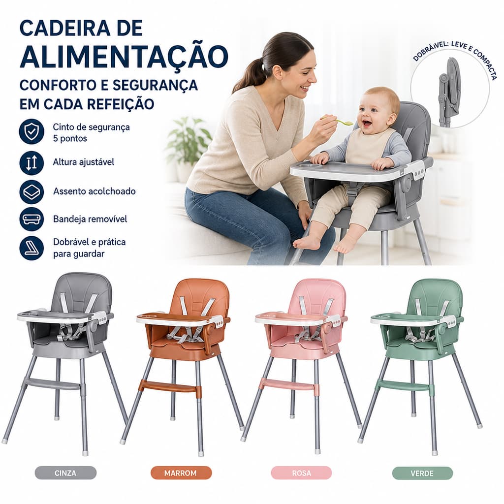 Cadeirão Cadeira de Alimentação Bebê Dobrável Bandeja Removível Cinto de Segurança Apoio para os Pés