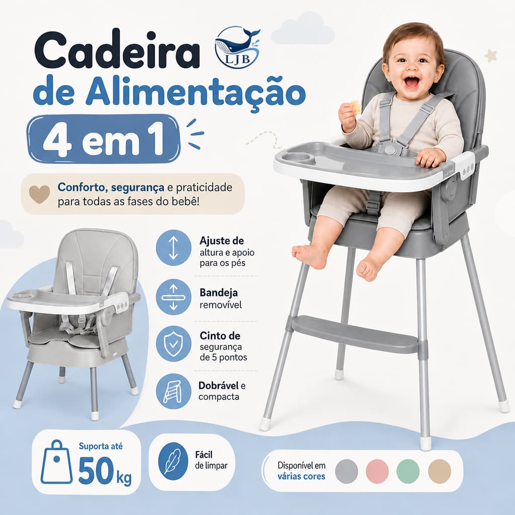 Cadeira de Alimentação Infantil 4 em 1 Dobrável e Portátil Segura e Confortável para Refeições do Bebê CY01