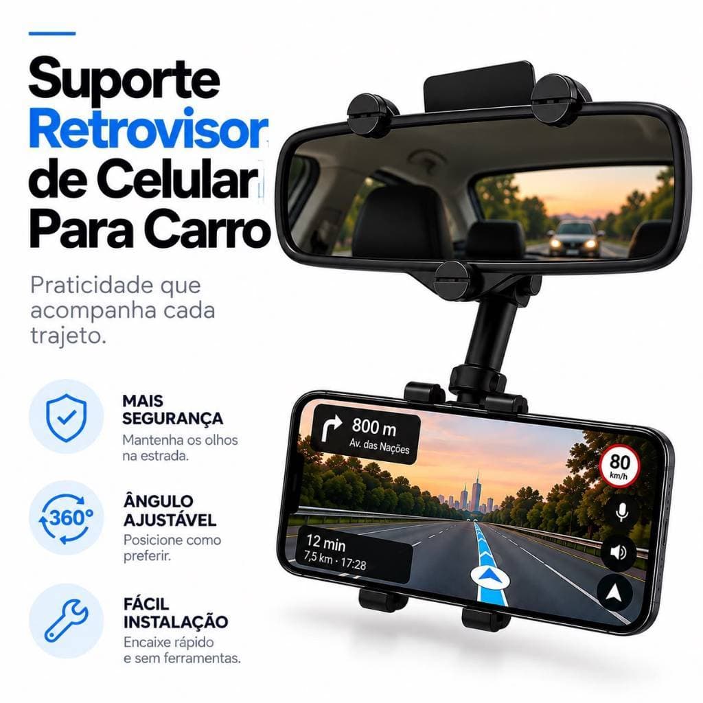 Suporte Retrovisor de Celular Smartphone Para Carro Central Extensível Giro 360º Facil Instalação Todos Celulares