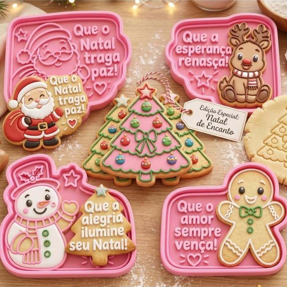 Cortador COM CARIMBO  de Biscoito MASSINHA DE MODELAR  Natalino Com Frases Kit 5 Peças Confeitaria Natal Pronta Entrega