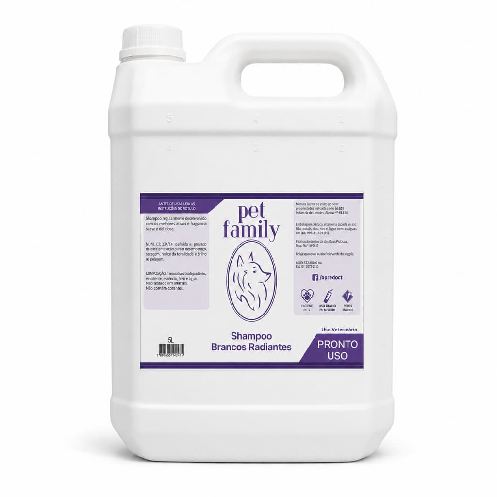 Shampoo Pet Brancos Radiantes Pronto Uso Vegano Para Cães e Gatos de Pelo Branco 5L Pet Family