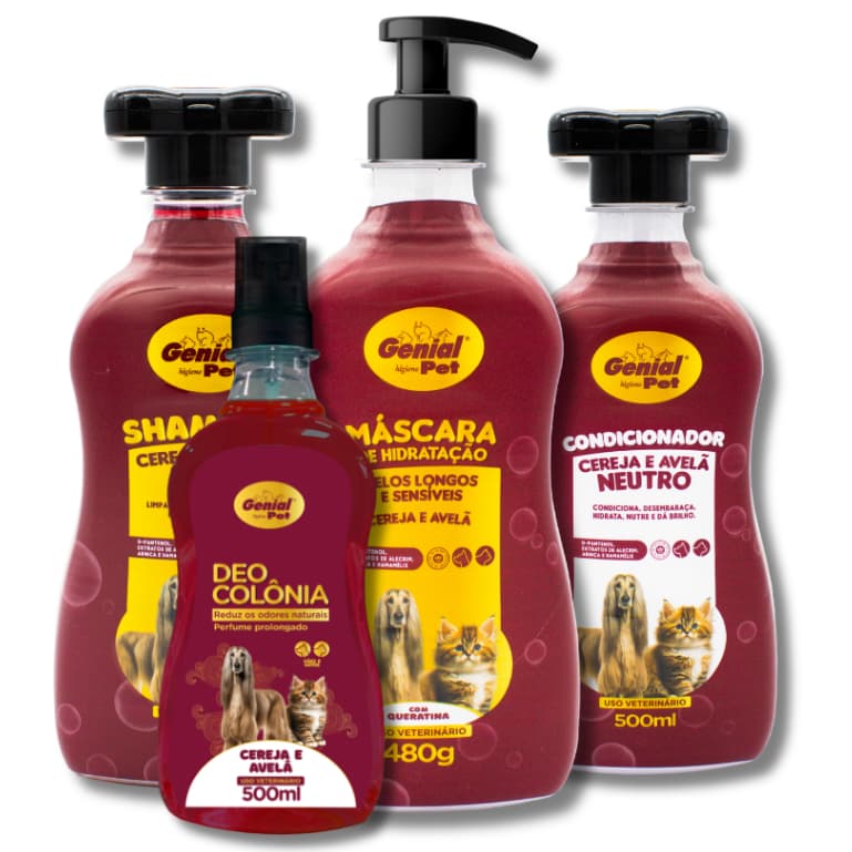 Kit Shampoo 5 em 1, Máscara de Hidratação, Condicionador e Colônia Cereja & Avelã para Cães e Gatos