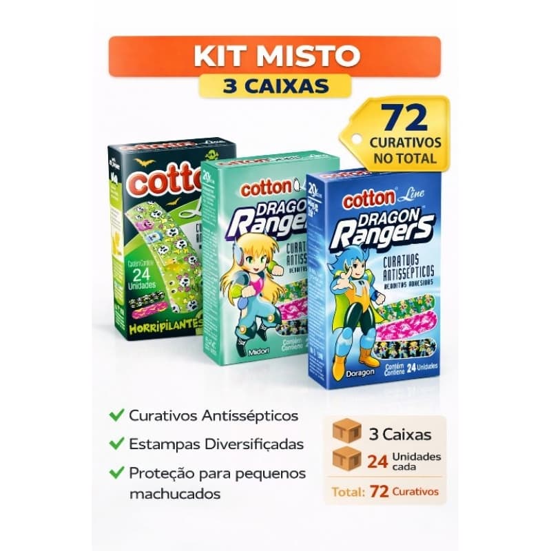 Kit Misto Curativos Antissépticos Infantil Cotton Line 72 Unidades (3 Caixas Variadas)