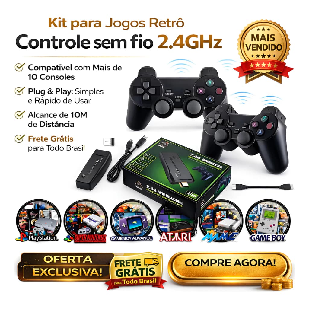 Video Game Adaptador 4k Para Tv 10Mil Console Jogos  2 Controles Preto Padrão S/Fio Portátil Retro