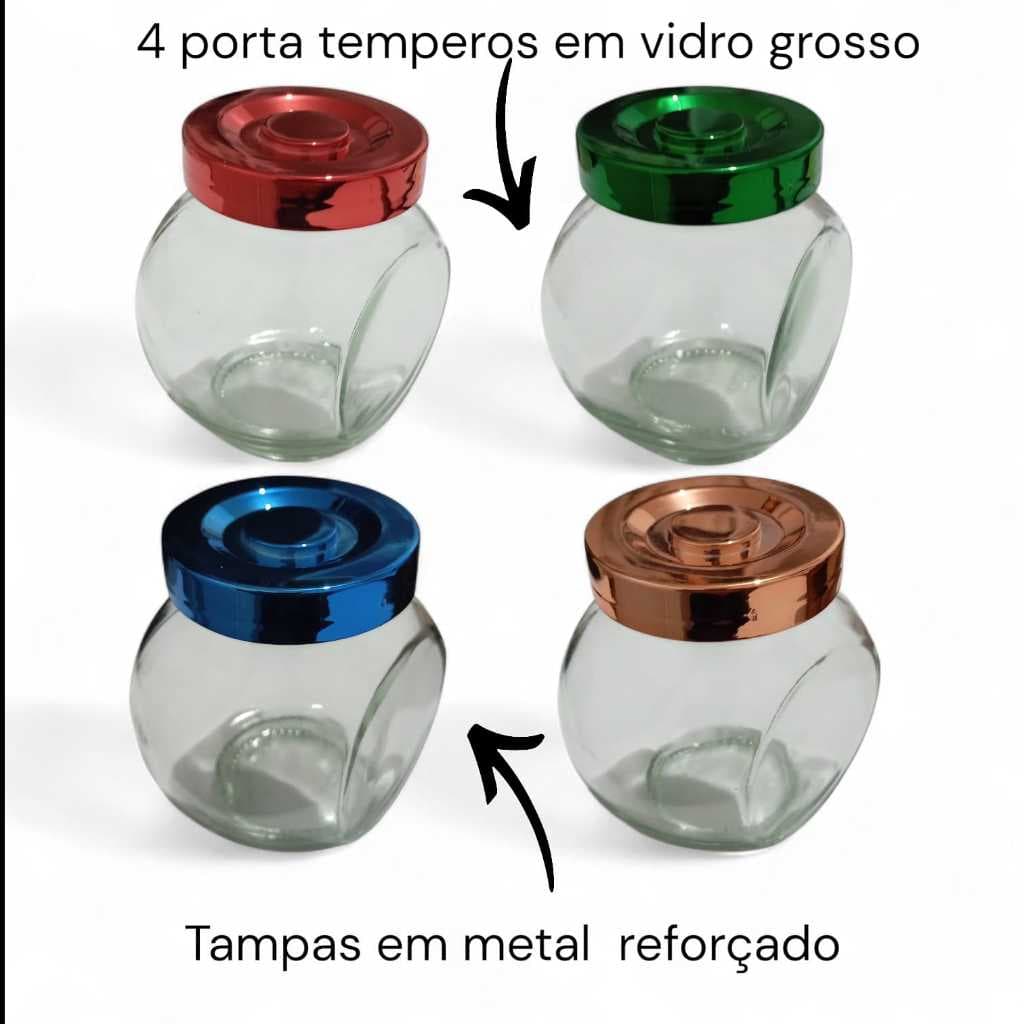 Porta Temperos kit com 4 Vidro  Grosso com Tampa  Colorida | Pote para Temperos Cozinha | Organizador de Temperos | Port