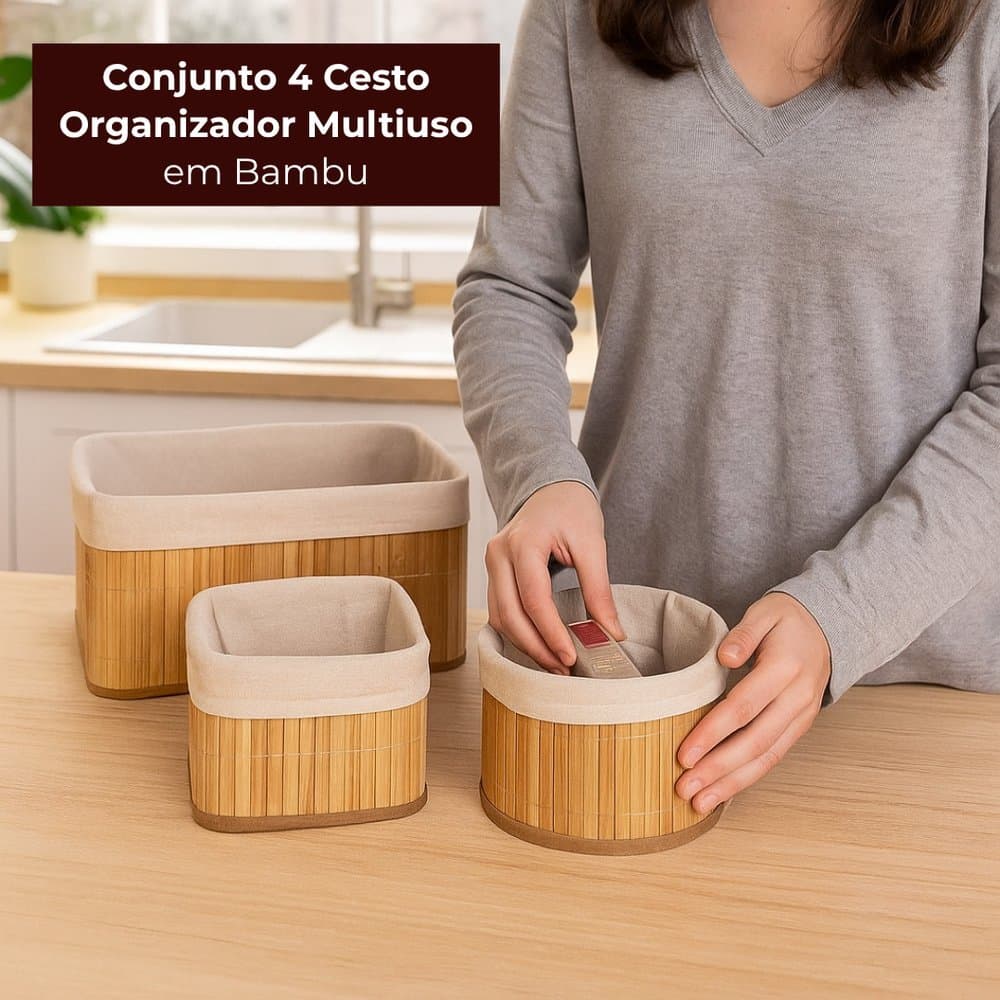 Kit 4 Cestos Organizadores De Bambu Natural Multiuso Banheiro Closet Quarto Luxo