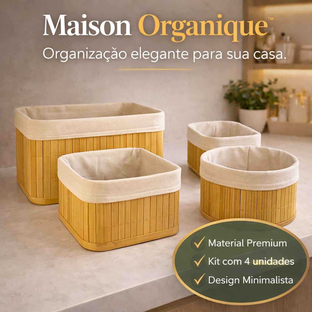Kit 4 Cestos Organizadores em Bambu Premium / Cestos Multiuso para Gavetas, Banheiro, Maquiagem e Organização em geral