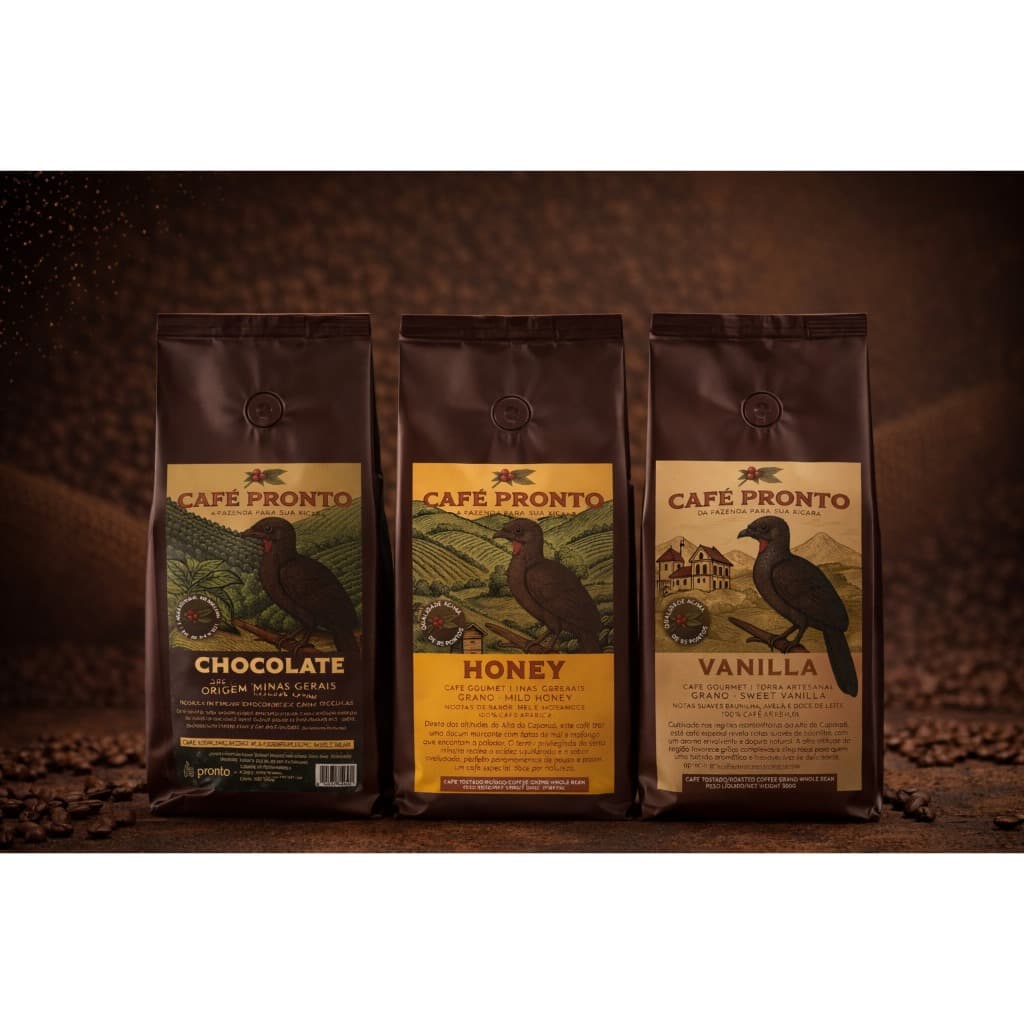 Kit Cafés Pronto 250g Chocolate Honey Vanilla em Grãos Torrados Artesanal Gourmet