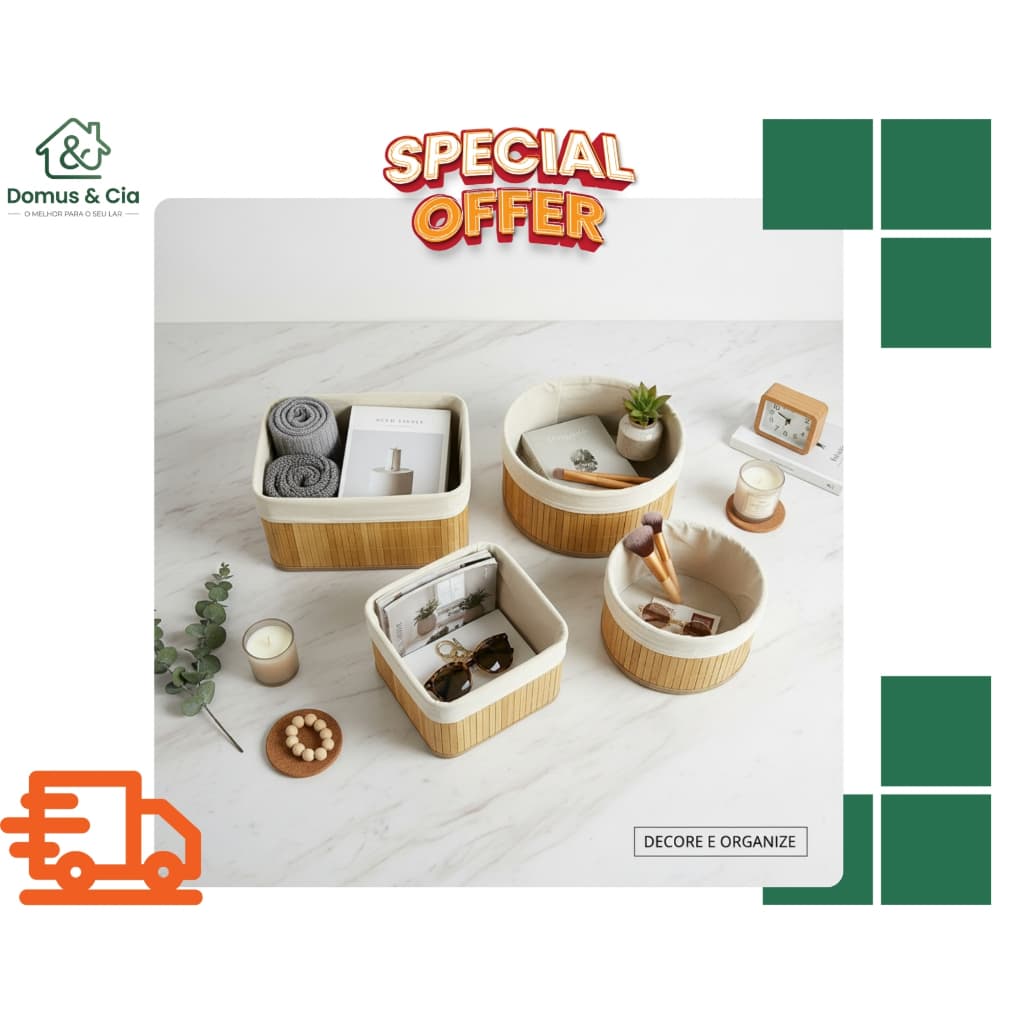 Kit 4 Cestos Organizadores Bambu Multiuso Banheiro Quarto Closet Organizador Maquiagem e Lavanderia