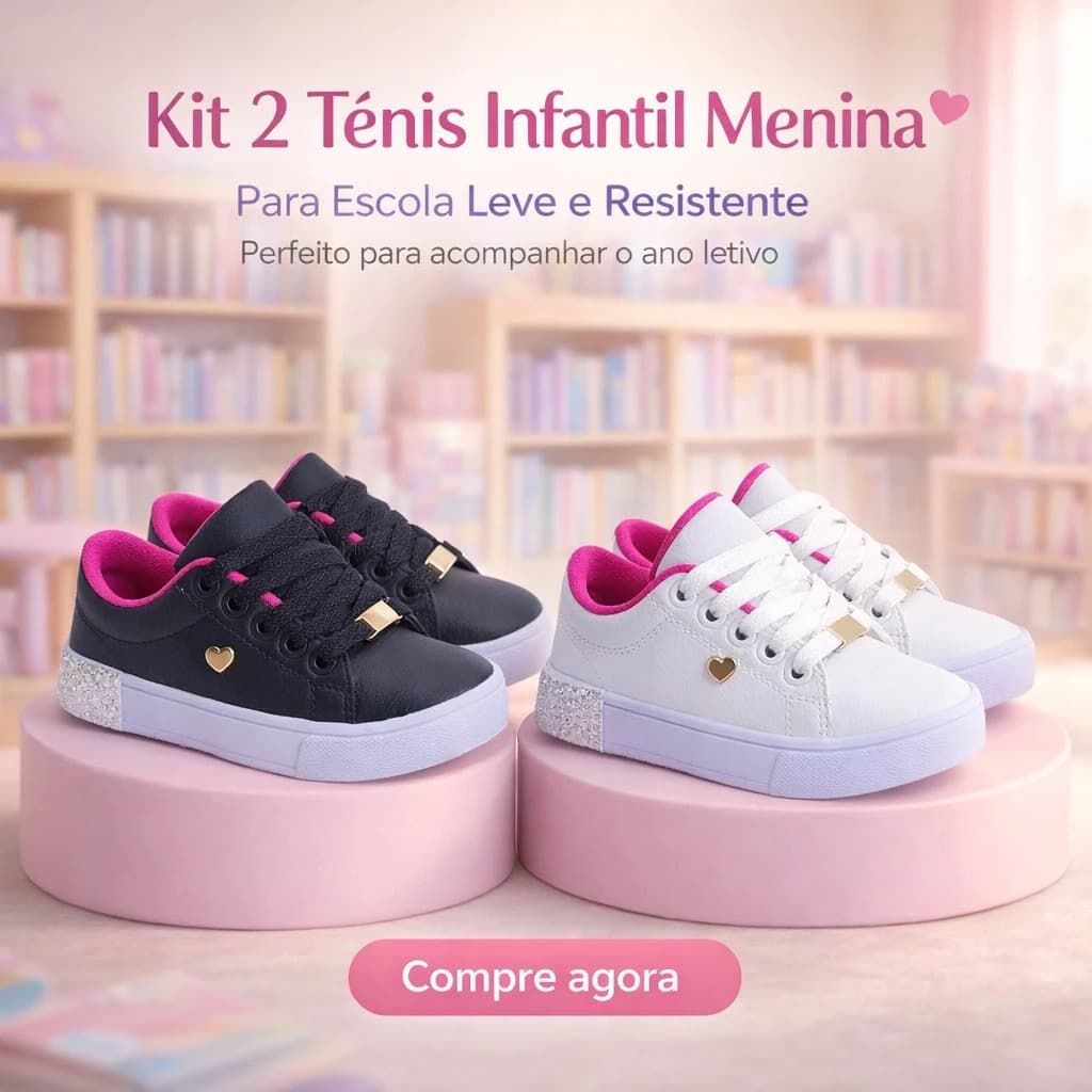 kit 2 Pares tênis infantil Escolar Feminino Casual Leve e Confortável Antiderrapante