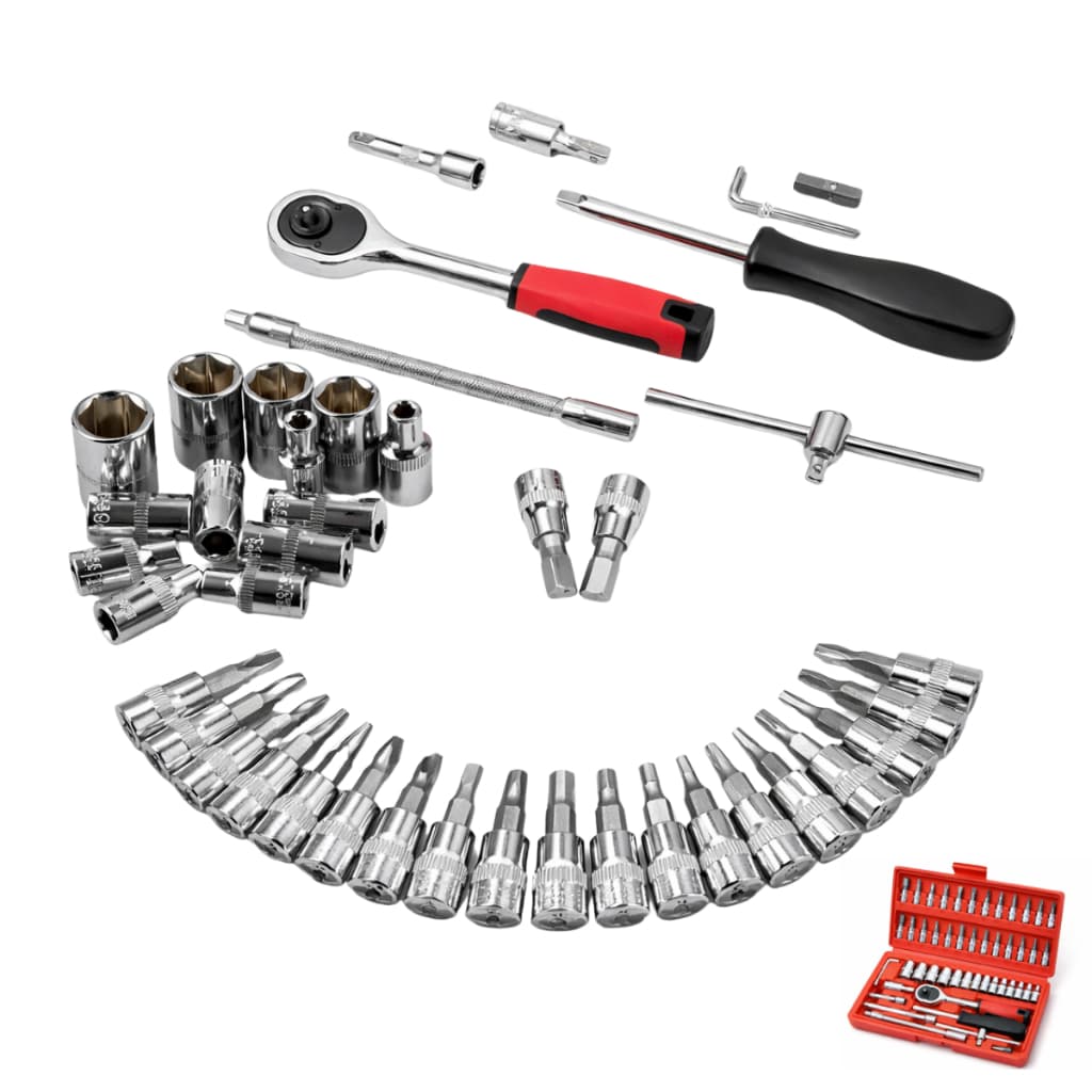 Kit de Ferramentas Jogo com 46 Peças em Aço Cromado com Chave Catraca Soquetes Bits Philips Torque Fenda Hexagonal