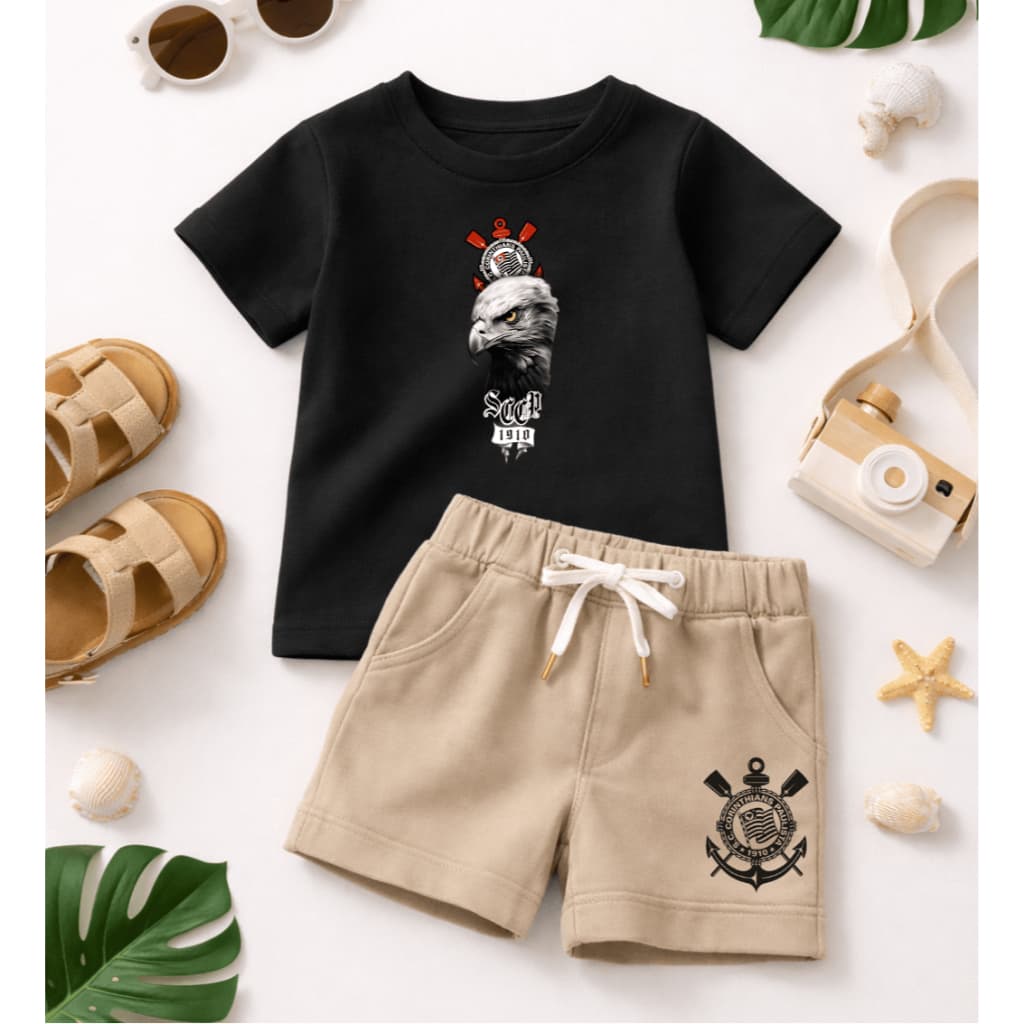 Conjunto Infantil Para Meninos - Estiloso de Verão - Camiseta Manga Curta e Bermuda De Moletom -Times de Futebol Timão