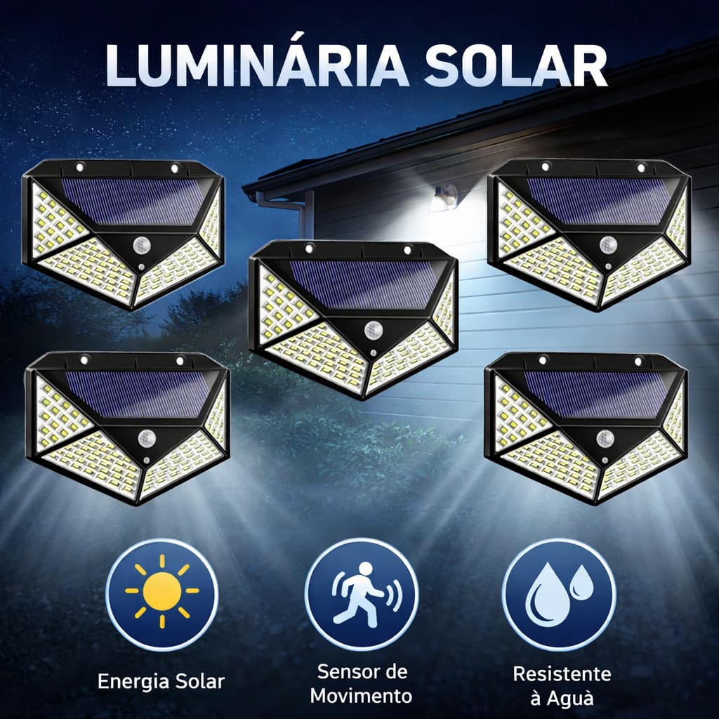 Luminaria Solar 100 LED Sensor Movimento Jardim Externa Prova Agua Luz LED Arandela Lampada Solar