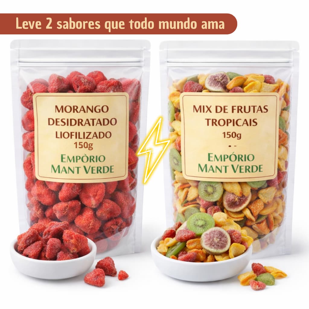 Kit Frutas Desidratadas Premium 🍓 Mix Tropical + Morango Liofilizado 150g CADA | Snack Saudável e Natural