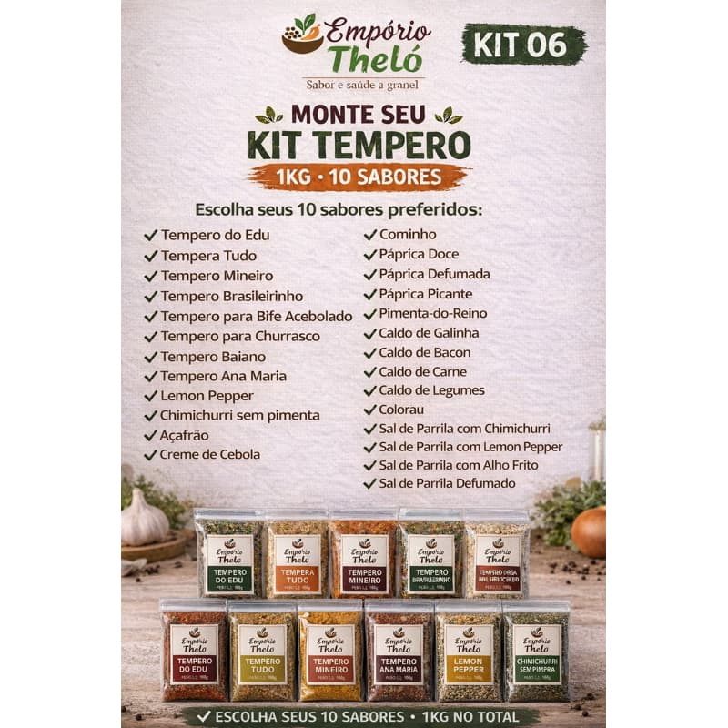 Monte seu kit de temperos naturais premium 1kg - Escolha 10 sabores de temperos e condimentos