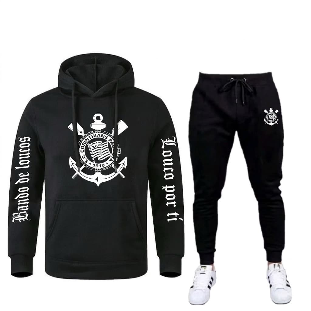 Conjunto De Moletom Flanelado Corinthians Bando de Loucos Louco Por Ti Premium Blusa + Calça