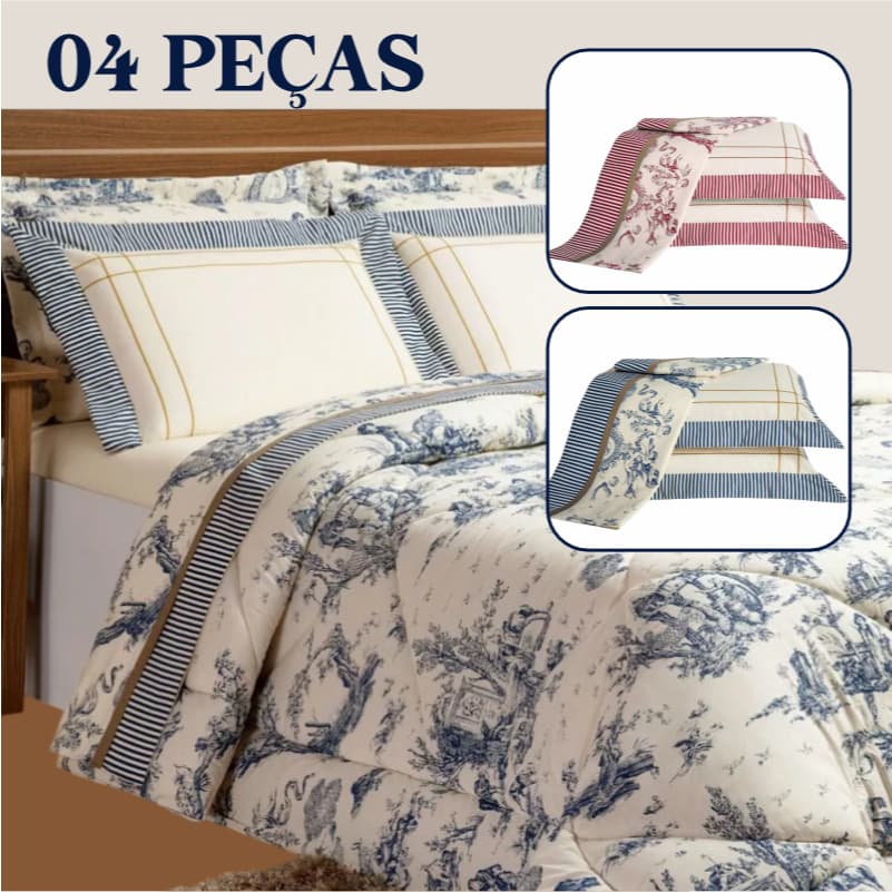 Jogo de Lençol 04 Peças 180 Fios Algodão Casal Queen King Estampa Porcelana
