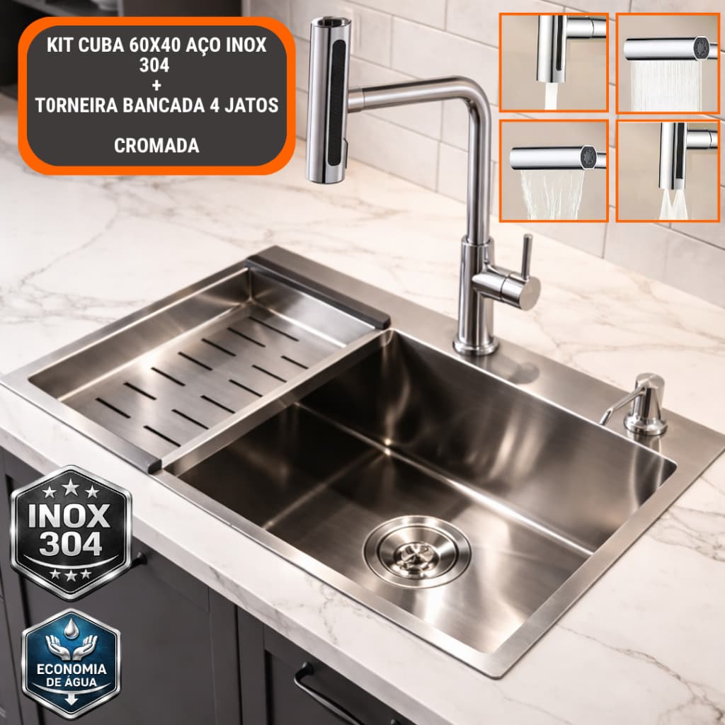 Cuba Gourmet Cozinha Aço Inox Kit Cuba Pia de Cozinha Torneira Gourmet Bancada 4 Jatos Acessórios