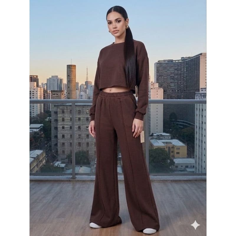 conjunto moletom feminino blusa manga longa veludo cropped+ calça pantalona