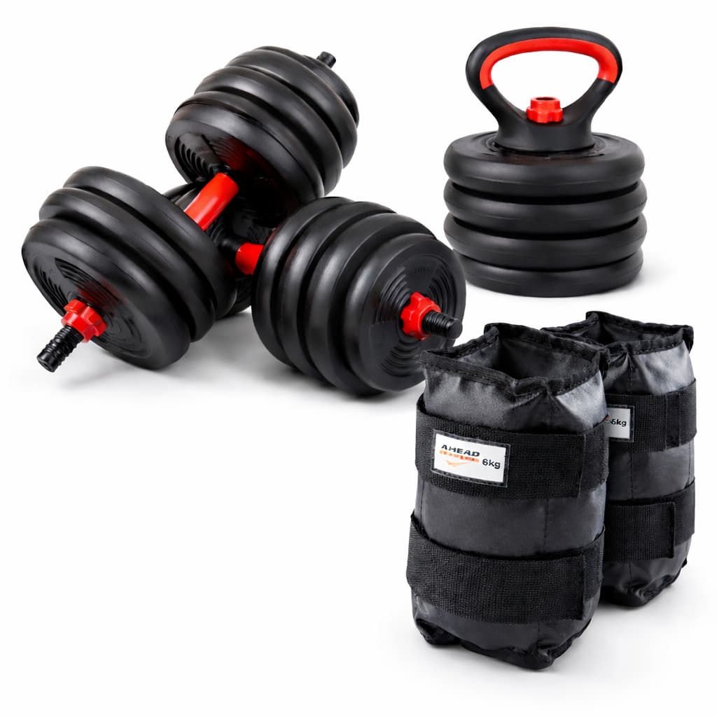 Kit Halteres Ajustável 40kg 6 em 1 Ahead Sports + Par de Caneleiras 6kg Musculação Treino em Casa