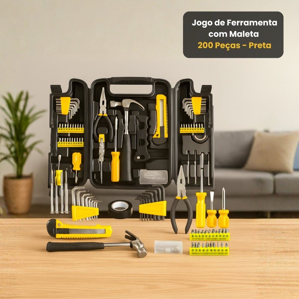 Kit Ferramentas Profissional 200 Peças Preto com Maleta – Completo para Reparos e Manutenção