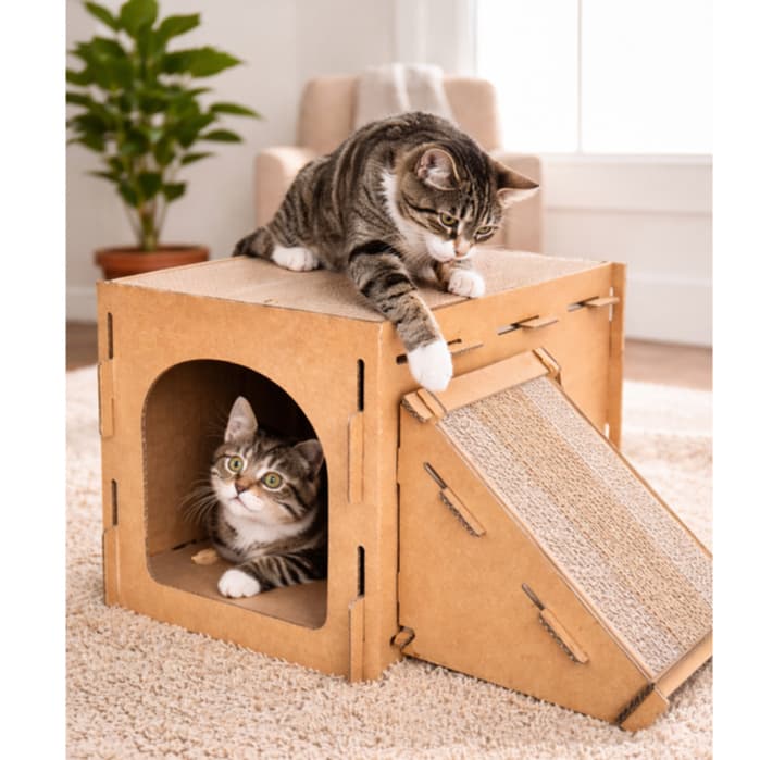 Arranhador Toca Casinha P/ Gato Super Resistente + Rampa Anti Estresse Ergonômico
