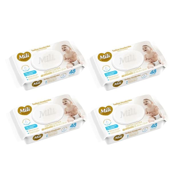 Kit 4 Toalhas Umedecidas Mili Love e Care Premium com 48un