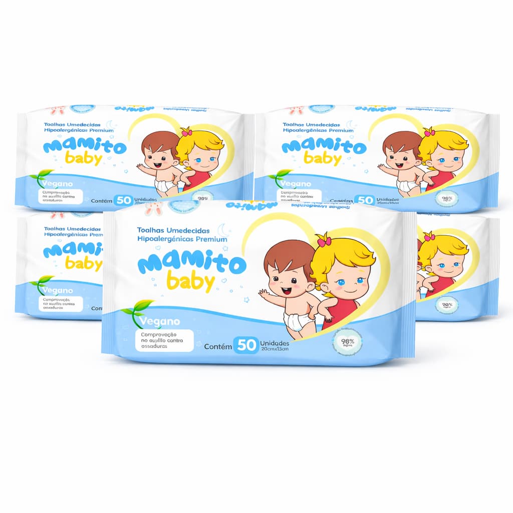 Kit 5 Lenços Umedecidos Mamito Baby 50 Folhas Hipoalergênico Toalhas Umedecidas Bebê