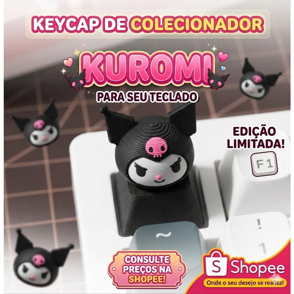 Kuromi Keycap Artesanal 3D - Teclado Mecânico Gamer Personagem Sanrio Pink & Black